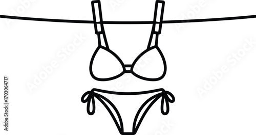 Simple line drawing of a bikini drying on a clothesline