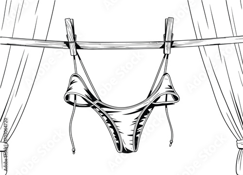 Sketch of a bikini top hanging on a clothesline between curtains