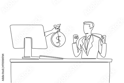 Single continuous line drawing hands out of the monitor screen while holding a money bag. An active businessman with big profits. Smart worker. Things from Screen. One line design vector illustration