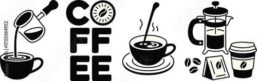 Artistic line drawing of coffee making and drinking process