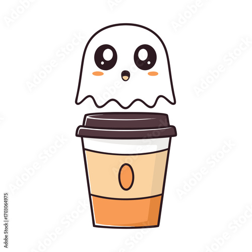 Kawaii Ghost Peeking Over a Coffee Cup halloween cute