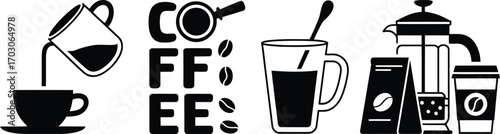 Coffee brewing and drinking elements in a minimalist black and white illustration