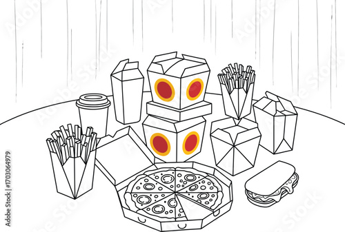 Collection of fast food items with a pizza and fries