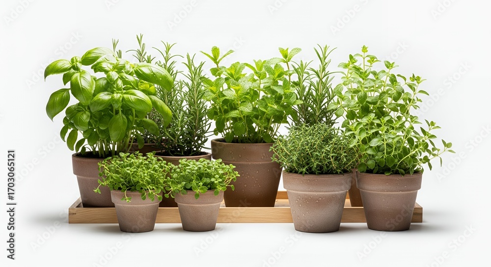 Fototapeta premium Collection of potted herbs on a wooden tray, fresh aromatic plants, gardening, kitchen herbs, culinary herbs, healthy food, home gardening, indoor plants, spring, summer, botanical, nature, green