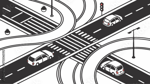 Illustration of a road intersection with cars and pedestrian crossings.
