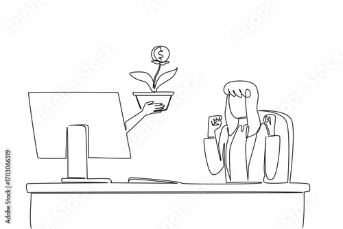 Continuous one line drawing hands out of monitor screen while holds money tree with dollar coin fruit. Symbolism of growing investment. Things from Screen. Single line draw design vector illustration