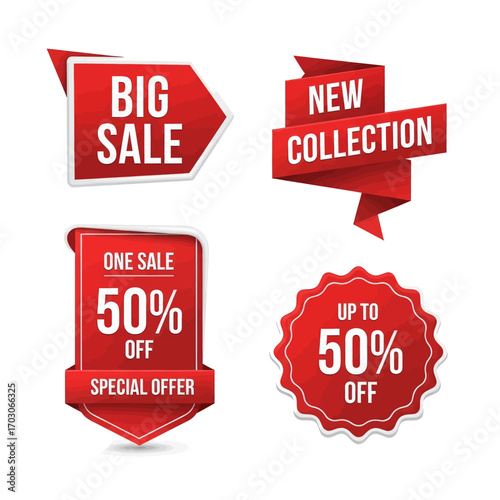 A collection of four red promotional sale tags and labels for retail marketing, including discounts and new collection announcements.