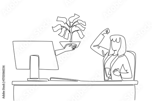 Single one line drawing hands out of the monitor screen while holding a money tree with leaves made of banknotes. Successful investment. Things from Screen. Continuous line design graphic illustration