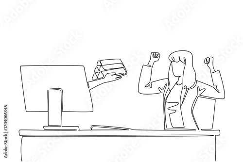 Single continuous line drawing hands out of the monitor screen while holding a gold stack. A token of gratitude for devotion. Very profitable. Things from Screen. One line design vector illustration