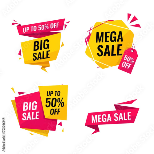 Four sale banners with different designs and text.