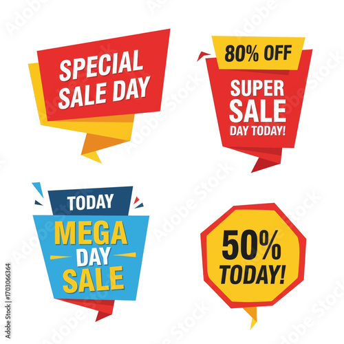 Collection of four colorful sale banners advertising special deals and discounts for a shopping event.