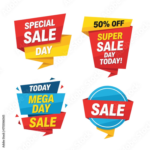 Colorful graphic design banners and labels for sales and promotions, featuring messages like 'Special Sale Day,' '50% Off,' 'Mega Day Sale,' and 'Sale' for marketing.