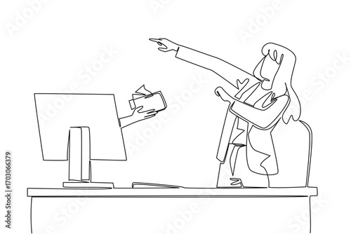 Continuous one line drawing hands out of the monitor screen while holding a wallet with some money coming out. Cash down payment. Offer. Things from Screen. Single line draw design vector illustration
