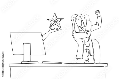 Single continuous line drawing hands out of the monitor screen while holding a star shape. Public satisfaction is the joy of the expert. Rating. Things from Screen. One line design vector illustration