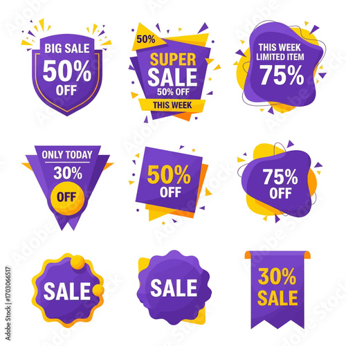Collection of purple and yellow sale badges and stickers with various discounts.