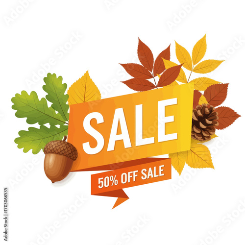 Autumn sale banner with colorful fall leaves, an acorn, and a pine cone, featuring a 50% off discount.