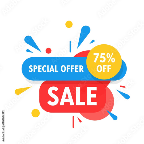 A vibrant graphic illustration featuring a "Special Offer Sale" with "75% Off" prominently displayed, set against a white background with colorful abstract splashes and dots.