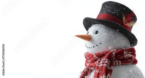 Festive snowman with top hat and scarf, winter holiday decoration, snowy background, Christmas card design