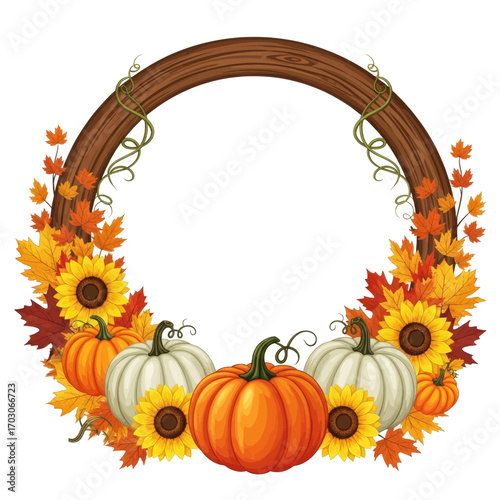 A festive circular autumn wreath adorned with pumpkins, sunflowers, and fall leaves.