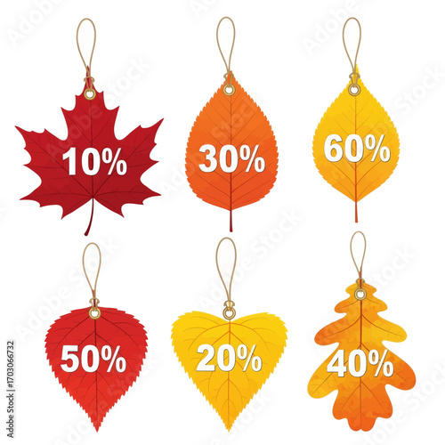 Autumn leaf-shaped discount tags with various percentage offers, hanging by strings, representing seasonal sales.