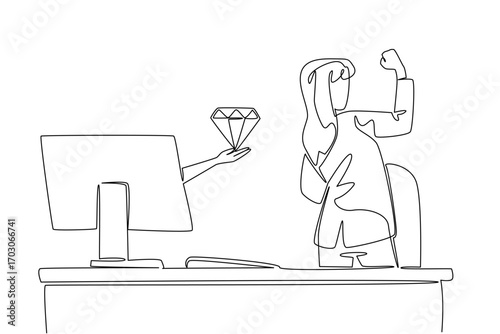 Single continuous line drawing hands out of the monitor screen while holding a diamond. Dancing with the luxury of jewelry. The smart worker. Things from Screen. One line design vector illustration