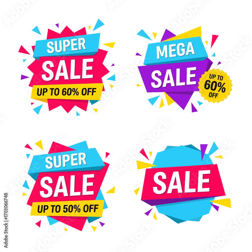 Colorful sale banners with discount offers, including 'Super Sale' and 'Mega Sale'.