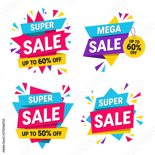 Four colorful sale banners with various discounts.