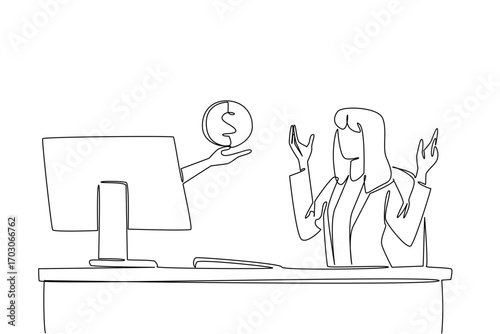 Continuous one line drawing hands out of monitor screen while holds penny. Ease of doing business while making profitable investments. Things from Screen. Single line draw design vector illustration