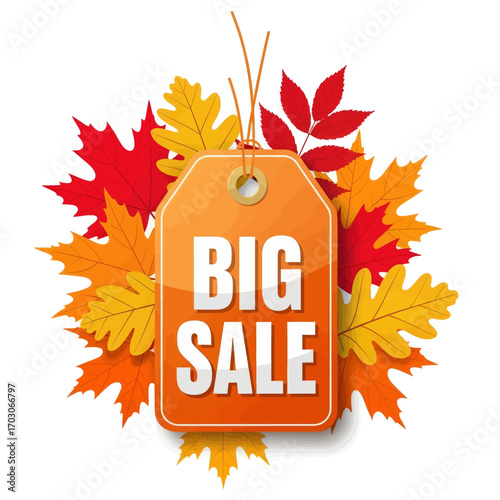 Big sale tag surrounded by autumn leaves.