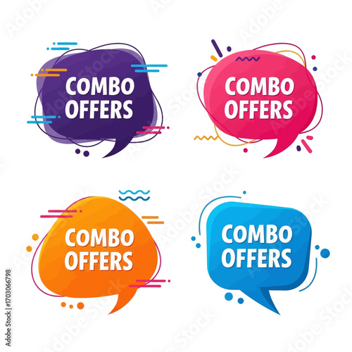 Four colorful speech bubble graphic design elements showcasing combo offers.