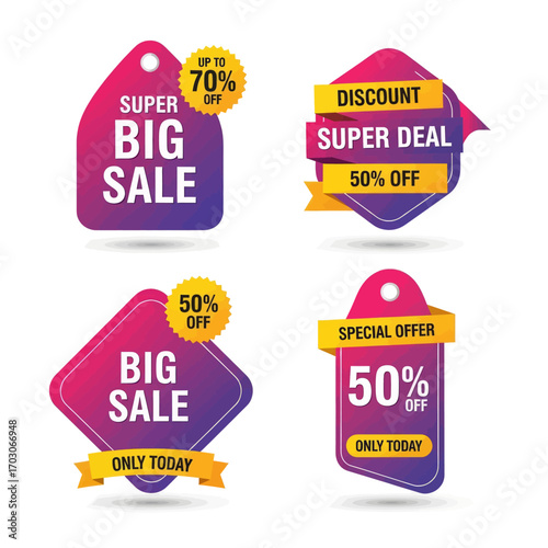 Promotional sale tags with various discounts and offers, perfect for advertising and marketing campaigns.