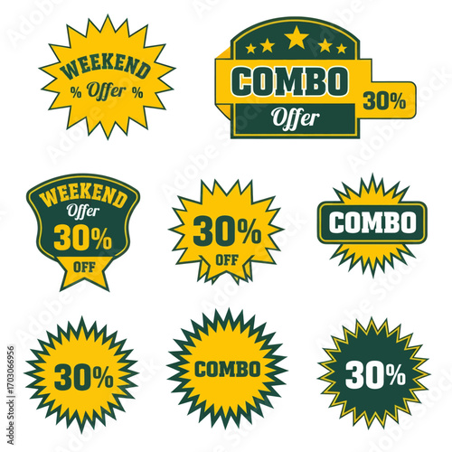 Collection of discount stickers with weekend and combo offers.