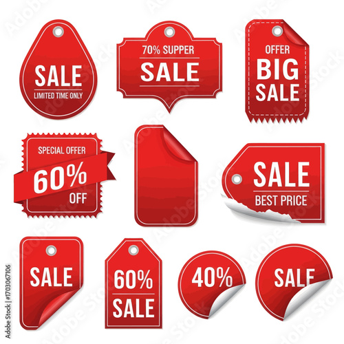 Collection of red sale tags and labels with various discounts and offers.