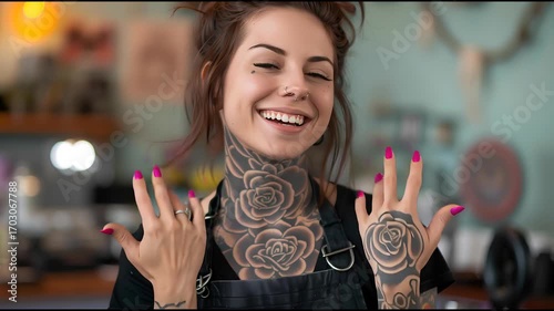 Wallpaper Mural mujer tatuada sonriente enseñando sus uñas Torontodigital.ca