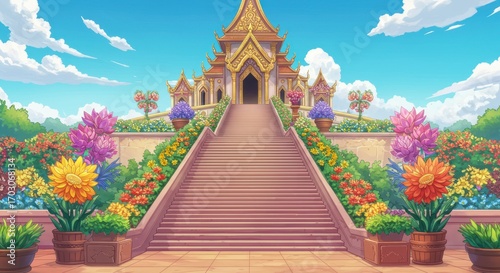 Cartoon View of Temple A Colorful Floral Stairway to a Thai Sanctuary