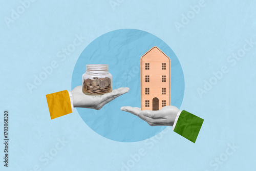 Buying or selling housing, real estate market, home and insurance concept. Creative art collage of a man is buying a condo from another man with cash