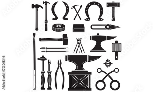 Blacksmith Tools Icons Pack – Hammers, Anvils, Forges, Horseshoes & Metalworking Symbols