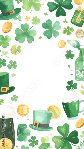 St. Patricks Day Watercolor Frame with Shamrocks, Hats, and Drinks.