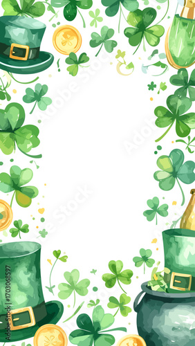 St. Patricks Day Watercolor Frame with Hats, Clovers, and Gold Coins.