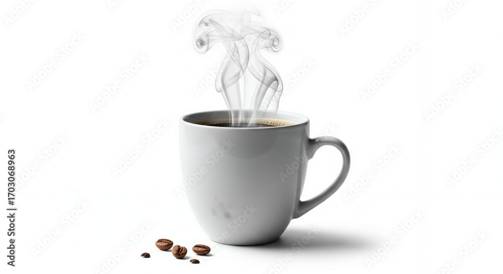 Fototapeta premium Hot Coffee in White Mug with Steam and Coffee Beans, Perfect for Breakfast Menu or Cafe Advertisement