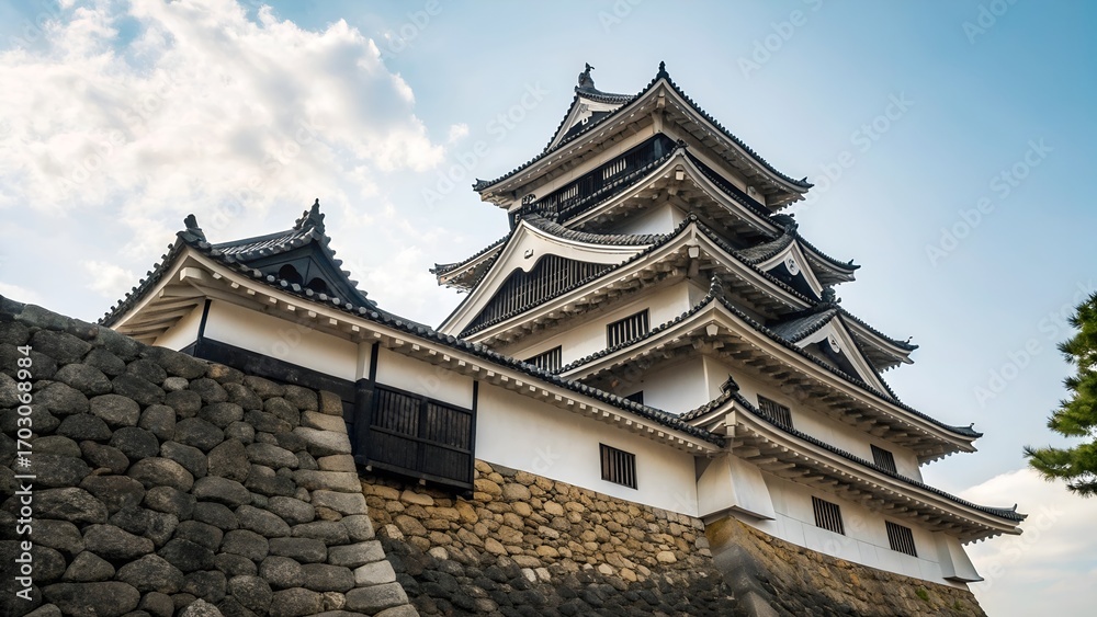 Fototapeta premium Low Angle View of Ozu Castle Tower in Ehime Japan with Blue Sky Background