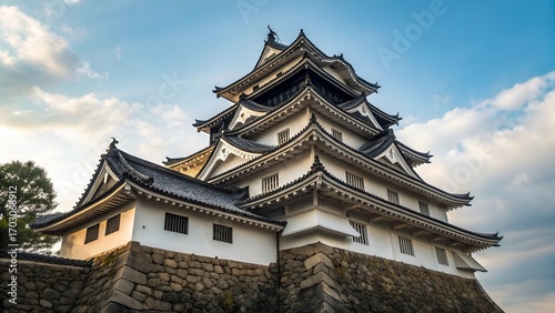 Low Angle View of Ozu Castle Tower in Ehime Japan with Blue Sky Background