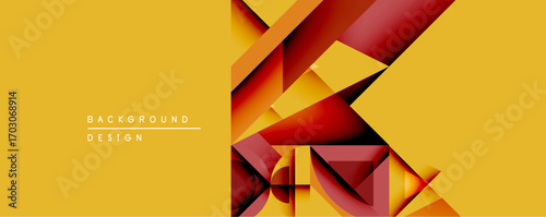 Abstract geometric composition. Overlapping shapes create dynamic visual effect. Warm color palette dominates design, featuring reds, oranges, yellows. Modern aesthetic.
