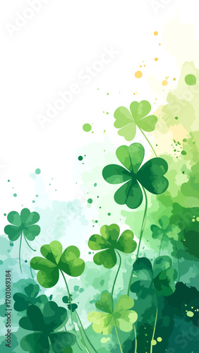 Vibrant Green Clovers Watercolor Painting.