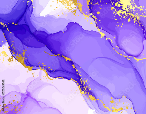 Abstract Purple and Gold Ink Painting with Fluid Art Design.