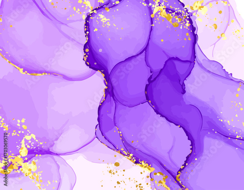 Abstract purple ink art with golden accents and details.