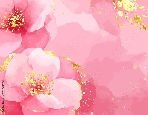 Close up of pink flowers with gold accents.