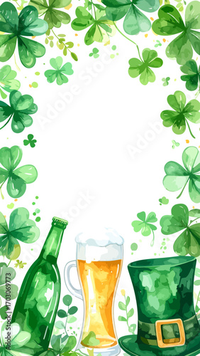 St Patricks Day Celebration with Beer Bottle and Leprechaun Hat.