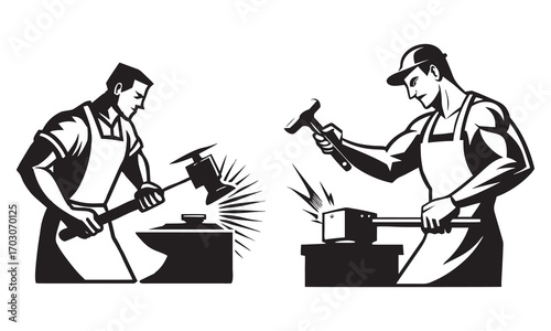 Blacksmith Illustration Set – Anvils, Hammers, Forging Workers & Metalworking Art