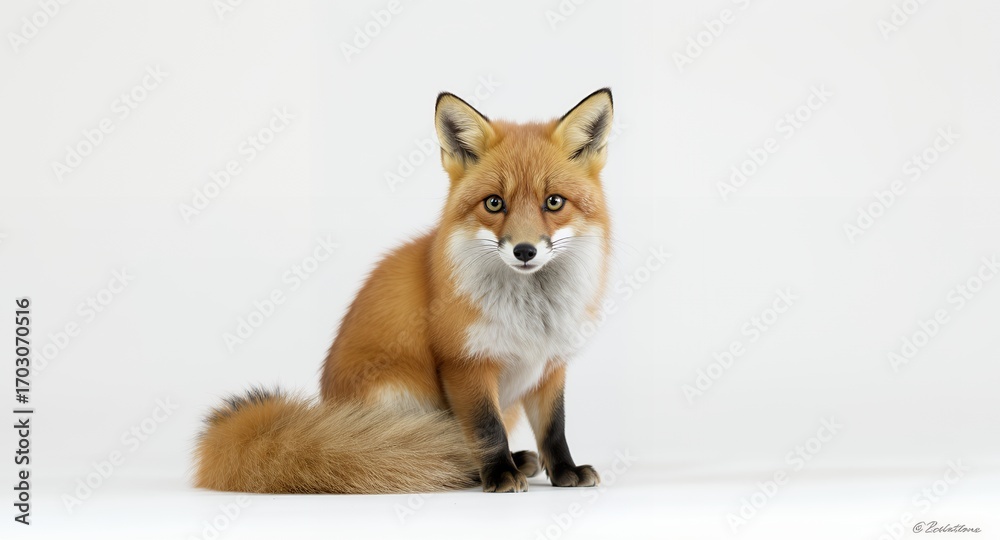 Fototapeta premium Red Fox Sitting on White Background Studio Shot, Wildlife Photography, Animal Portrait